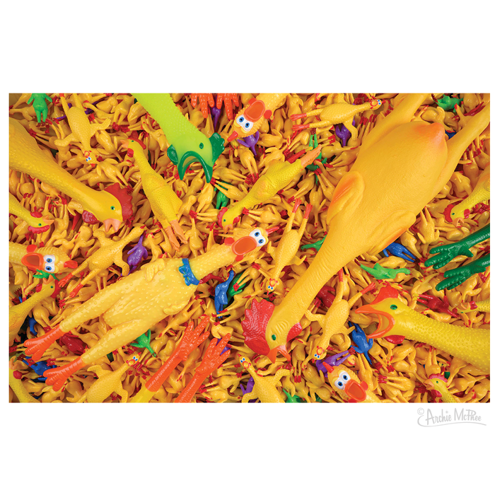 The Rubber Chicken Madness Puzzle, featuring a collection of colorful rubber chickens and various other rubber animals in different sizes and hues.