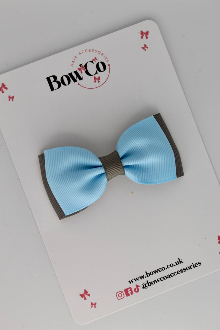 School Bow Blue Topaz and Metal Grey - Double Lapel Bow - Clip