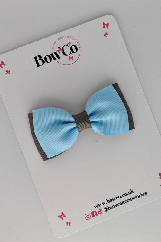 School Bow Blue Topaz and Metal Grey - Double Lapel Bow - Clip