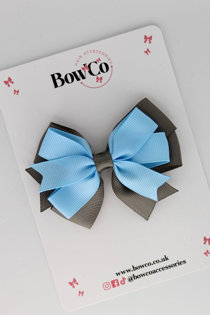 School Bow Blue Topaz and Metal Grey - Double Tail Bow - Clip