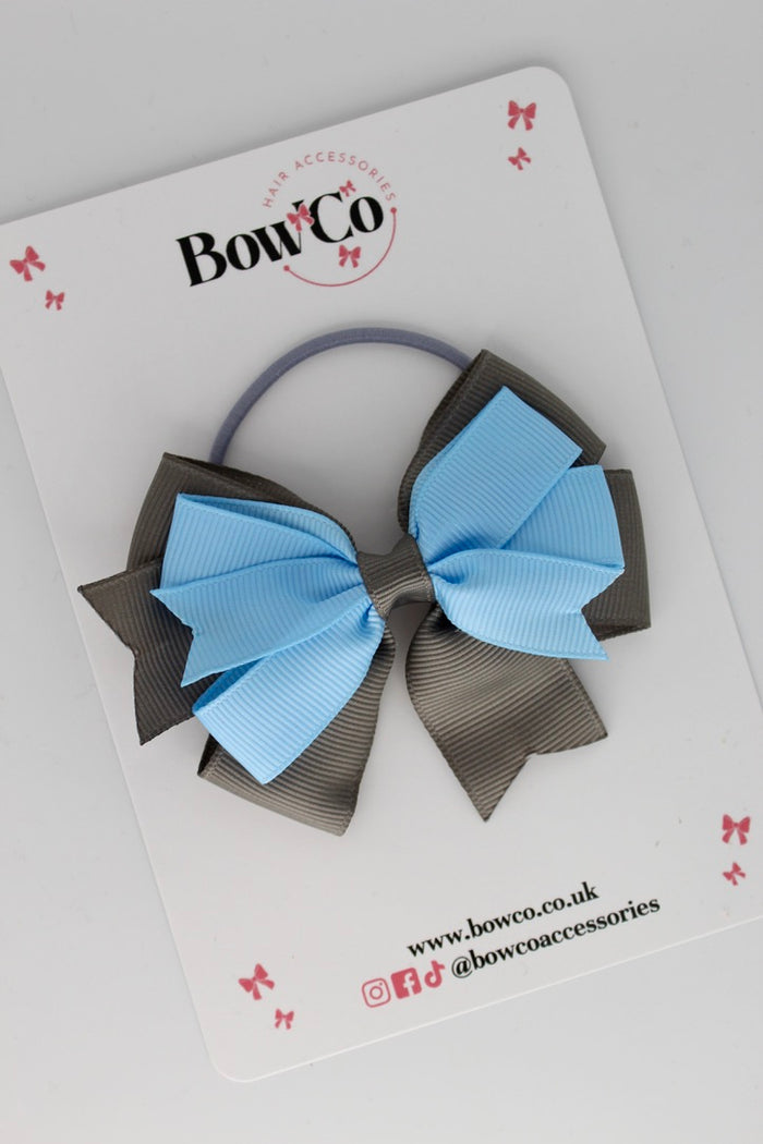 School Bow Blue Topaz and Metal Grey - Double Tail Bow - Elastic