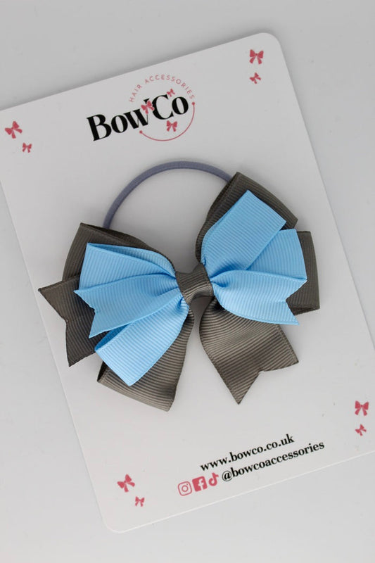 School Bow Blue Topaz and Metal Grey - Double Tail Bow - Elastic