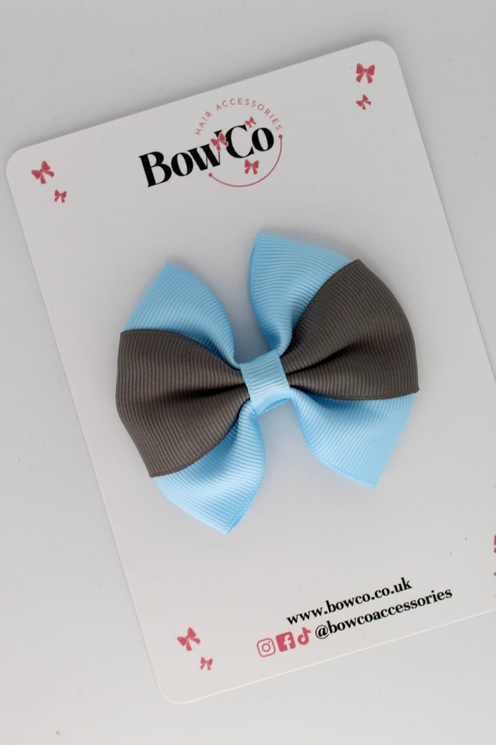School Bow Blue Topaz and Metal Grey - Round Tuxedo Bow - Clip