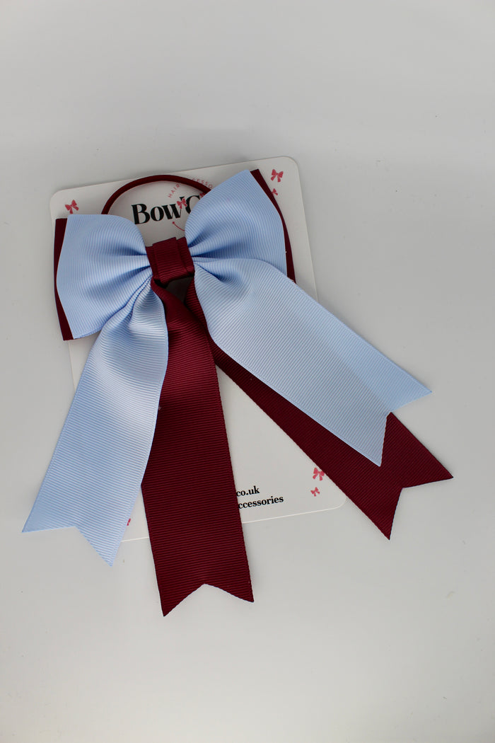 School Bow Burgundy and Bluebell - Classic Tail Bow - Elastic