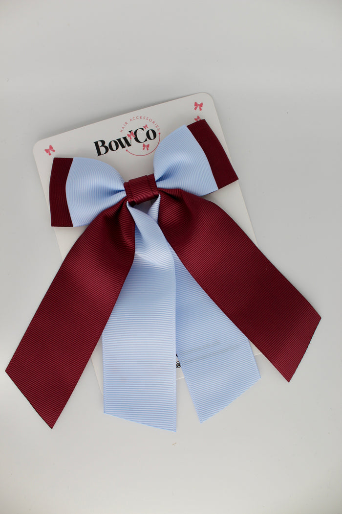 School Bow Burgundy and Bluebell - Double Layer Tail Bow - Clip