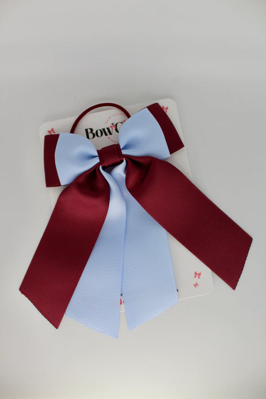School Bow Burgundy and Bluebell - Double Layer Tail Bow – Elastic