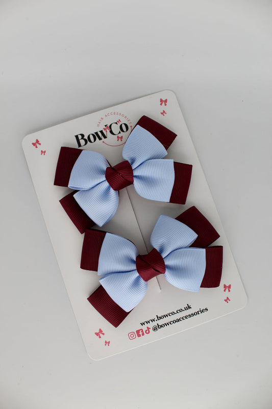 School Bow Burgundy and Bluebell - Layer Bow Set - Clip