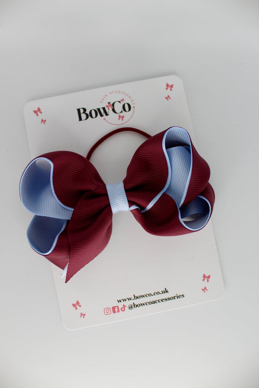 School Bow Burgundy and Bluebell - Loop Bow - Elastic