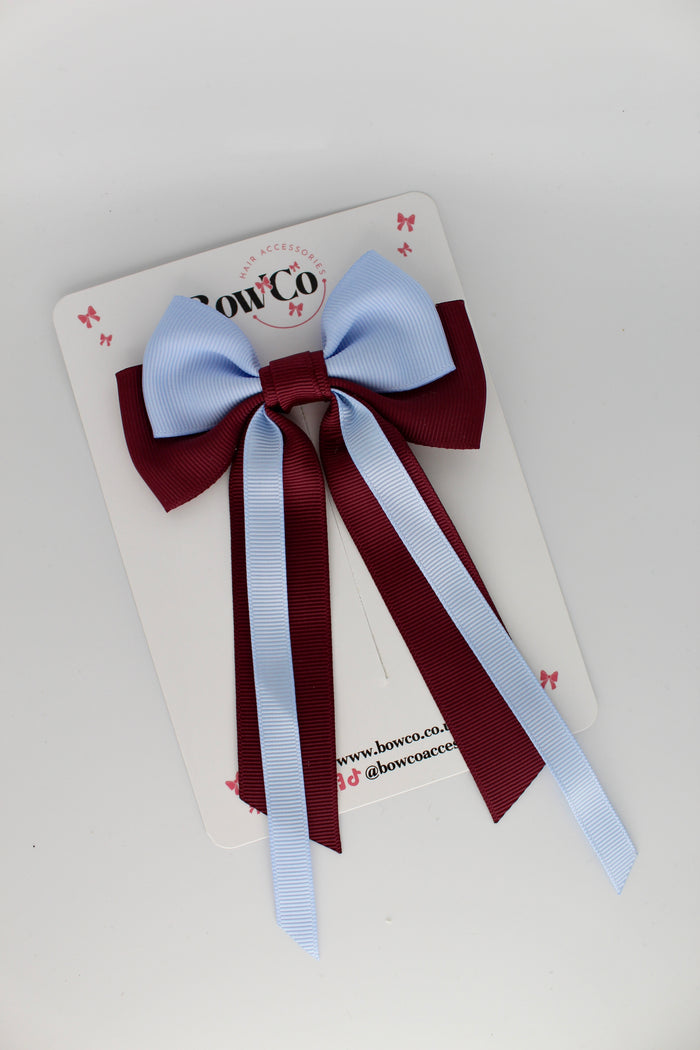 School Bow Burgundy and Bluebell Streamer Tail Bow - Clip