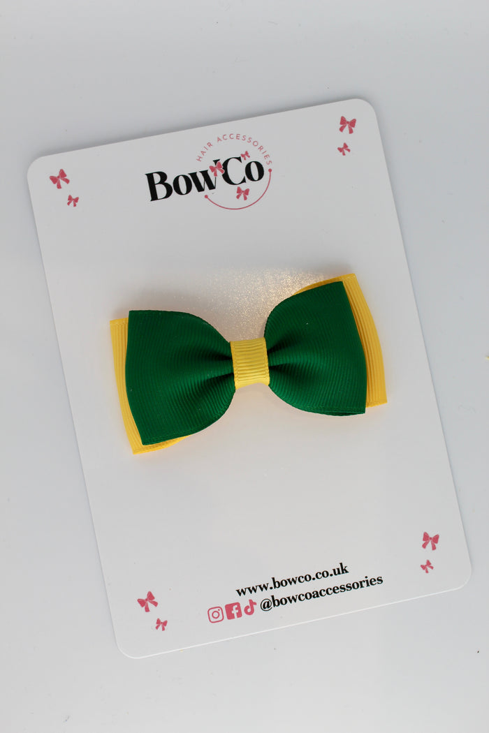 School Bow Forest Green and Yellow Gold - Double Lapel - Clip