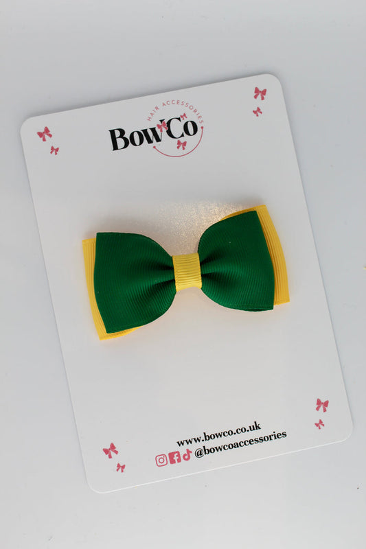 School Bow Forest Green and Yellow Gold - Double Lapel - Clip