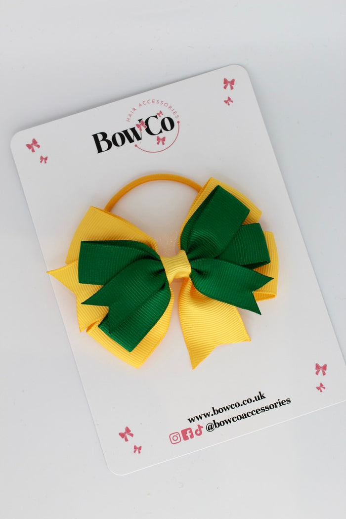 School Bow Forest Green and Yellow Gold - Double Tail Bow - Elastic
