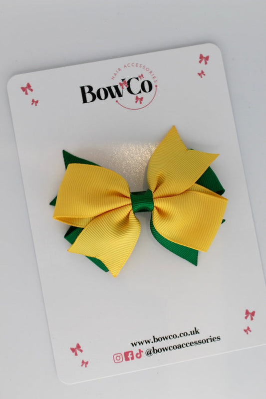 School Bow Forest Green and Yellow Gold - Layer Tail Bow - Clip