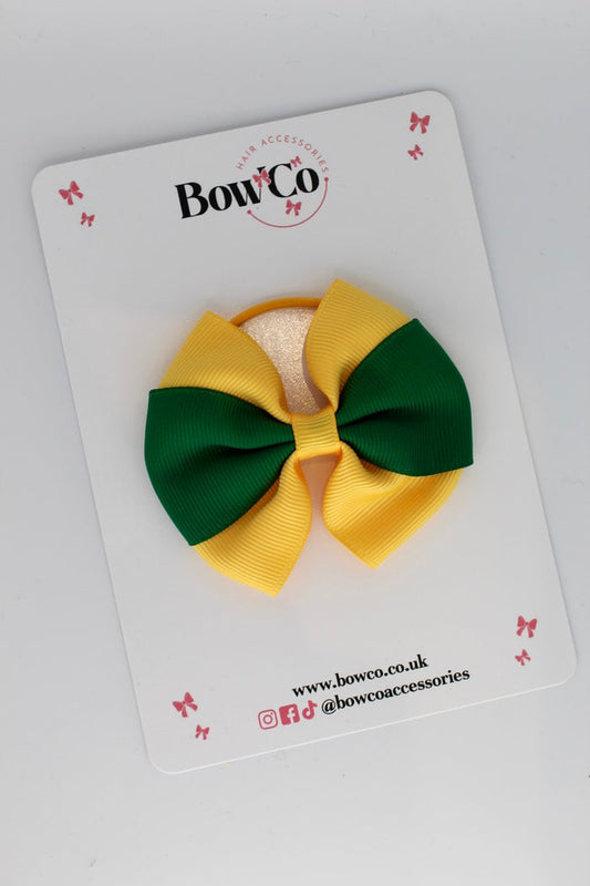 School Bow Forest Green and Yellow Gold - Round Tuxedo Bow