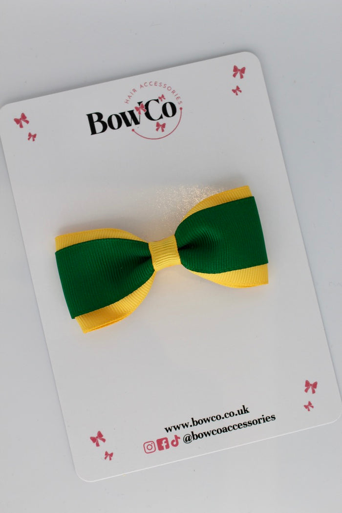 School Bow Forest Green and Yellow Gold - Tuxedo Bow - Clip
