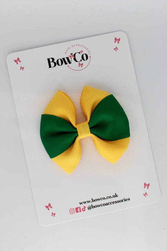 School Bow Forest Green and Yellow Gold Round Tuxedo Bow