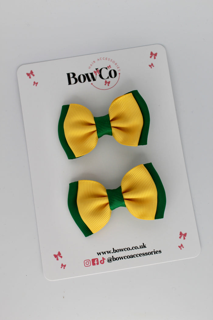 School Bows Forest Green and Yellow Gold - Double Bow Set - Clip