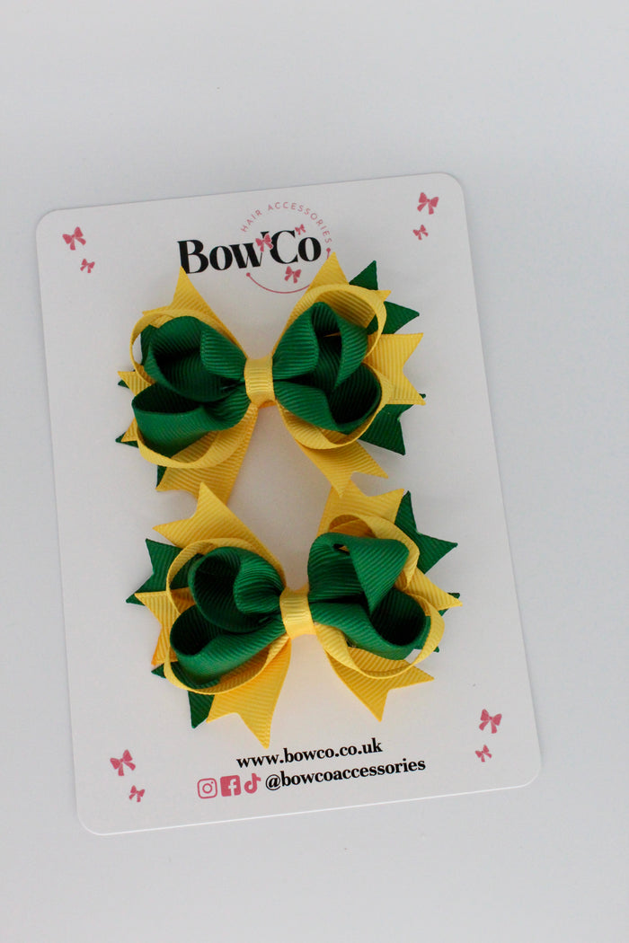 School Bows Forest Green and Yellow Gold - Loopy Stacked Bow Set