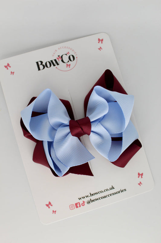School Burgundy and Bluebell Double Loop Bow - Clip