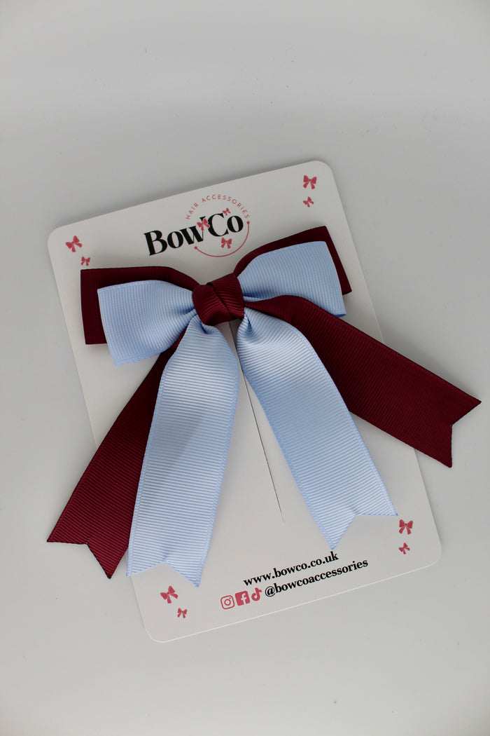 School Burgundy and Bluebell Double Ribbon Tail Bow – Clip