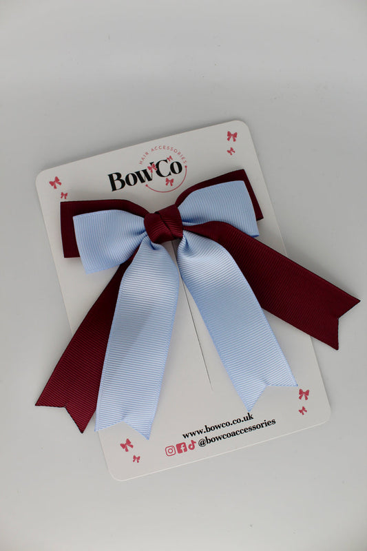 School Burgundy and Bluebell Double Ribbon Tail Bow – Clip