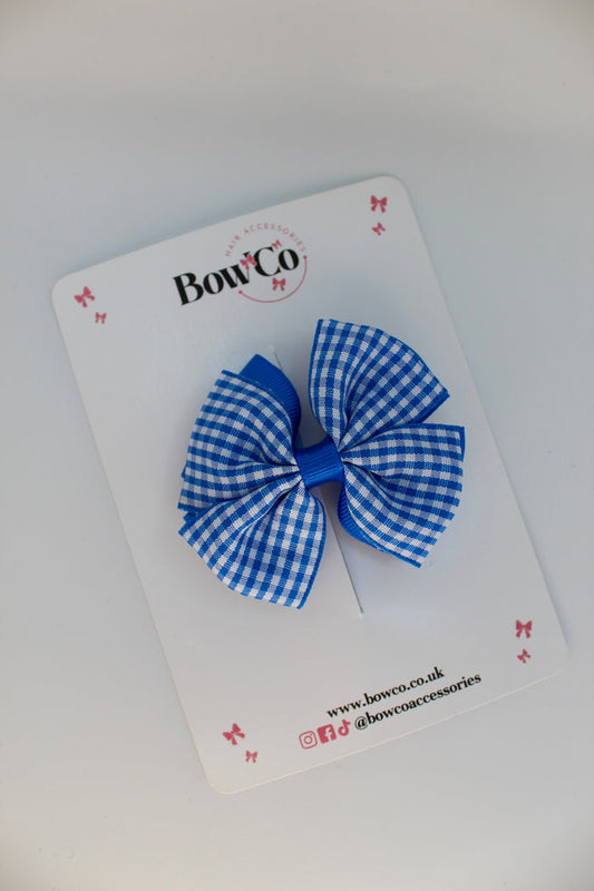 School Royal Blue Gingham Double Bow Clip