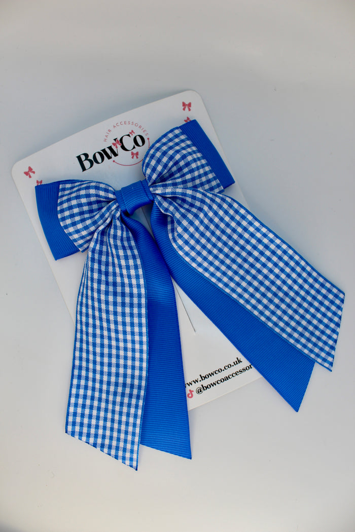 School Royal Blue Gingham Double Layer Tail Bow - Clip