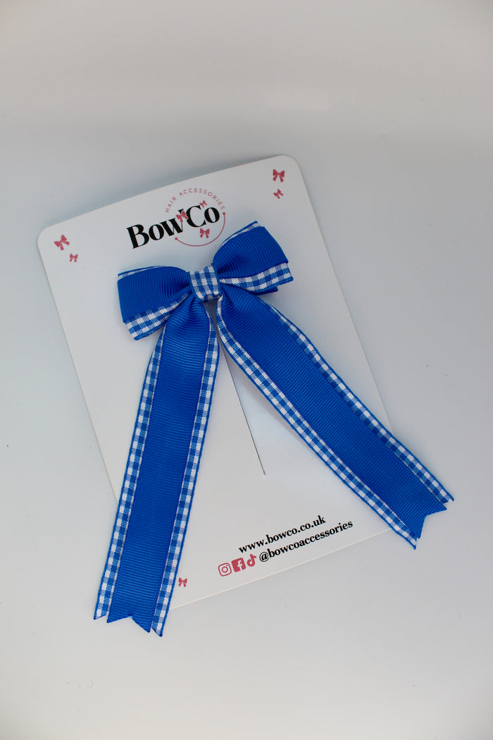 School Royal Blue Gingham Tuxedo Tail Bow - Clip