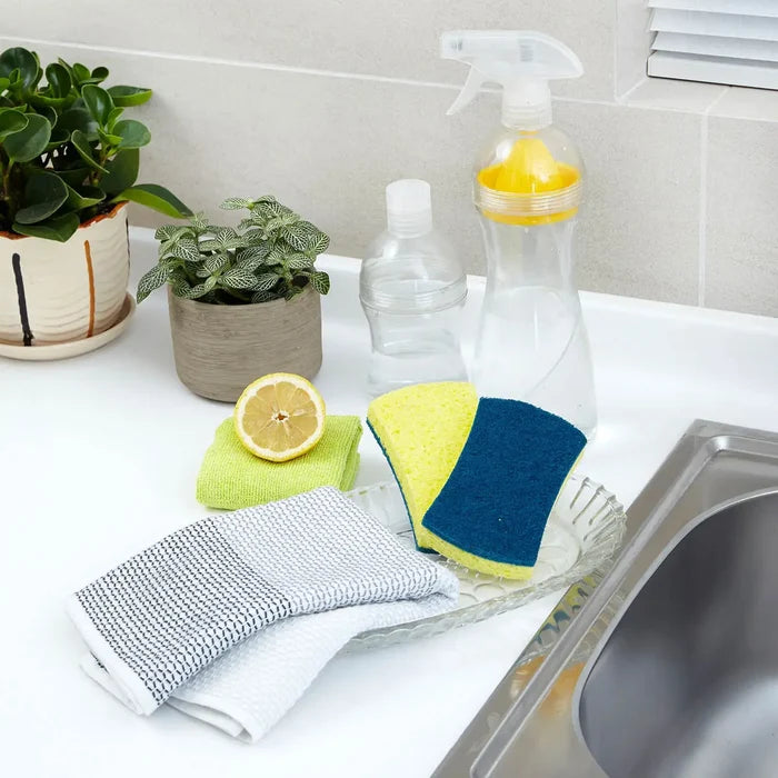 A set of cleaning supplies arranged on a kitchen counter near a sink, including two scrubber sponges, a lemon half, a clear spray bottle, and a small potted plant.