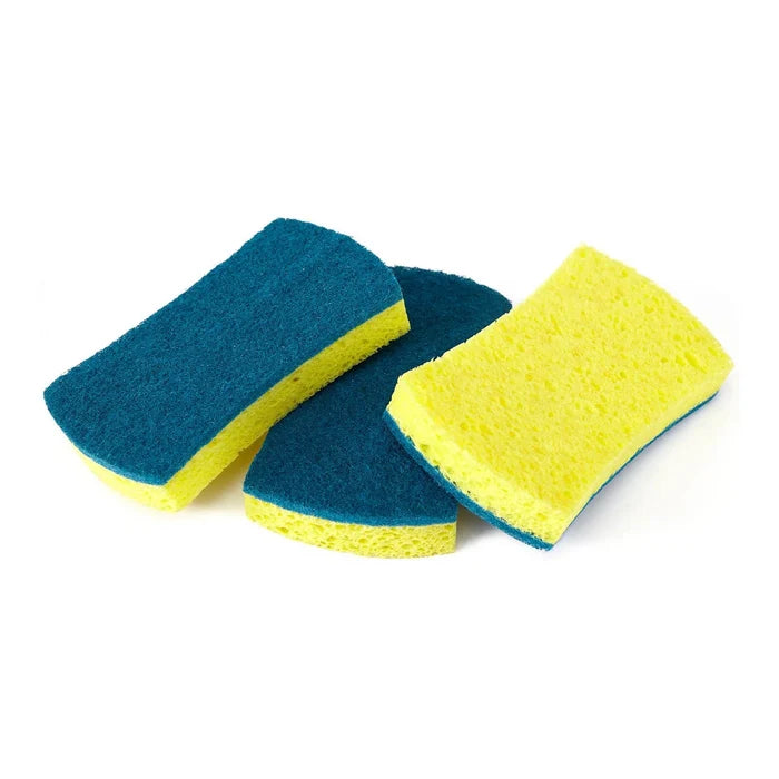 Three rectangular scrubber sponges showing both sides of the sponge on a white background.