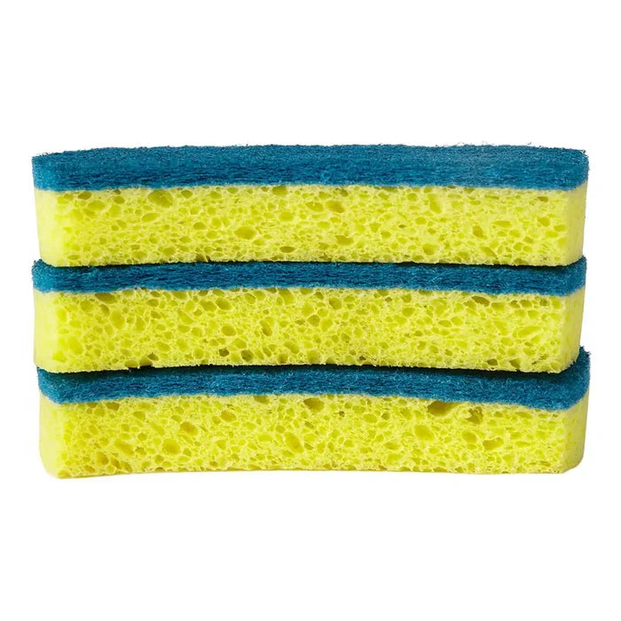 Three stacked yellow sponge scrubbers with blue abrasive edges on a plain white background.