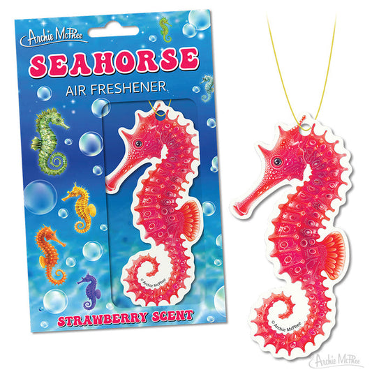 The Seahorse Air Freshener showcases seahorse-shaped packaging featuring a pink seahorse and emits a delightful strawberry fragrance.