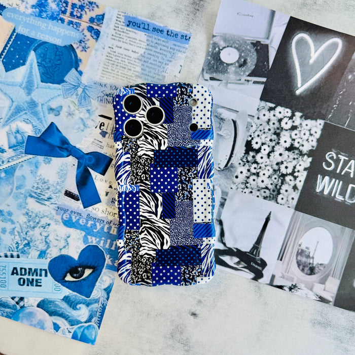 Sending Mixed Signals Wavy Luxe MagSafe iPhone case styled on a blue and white moodboard backdrop with bows and Stay Wild lettering.