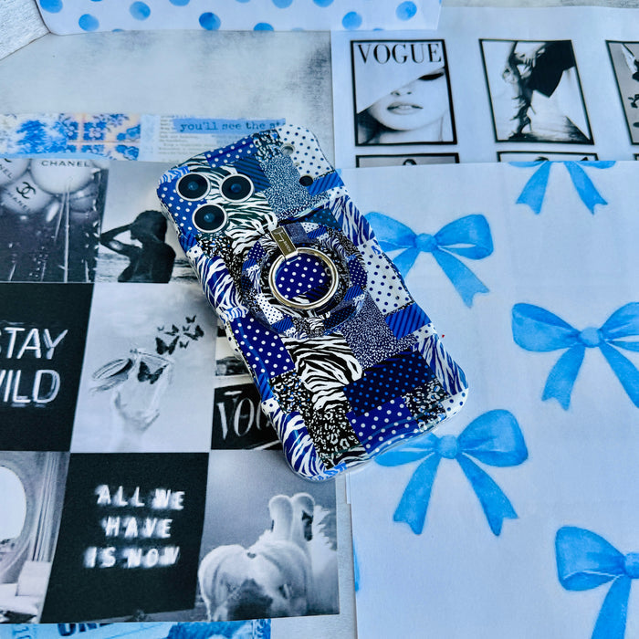 Sending Mixed Signals Wavy Luxe iPhone case with the matching MagSafe grip ring attached, styled on a black and white magazine collage with blue bows.