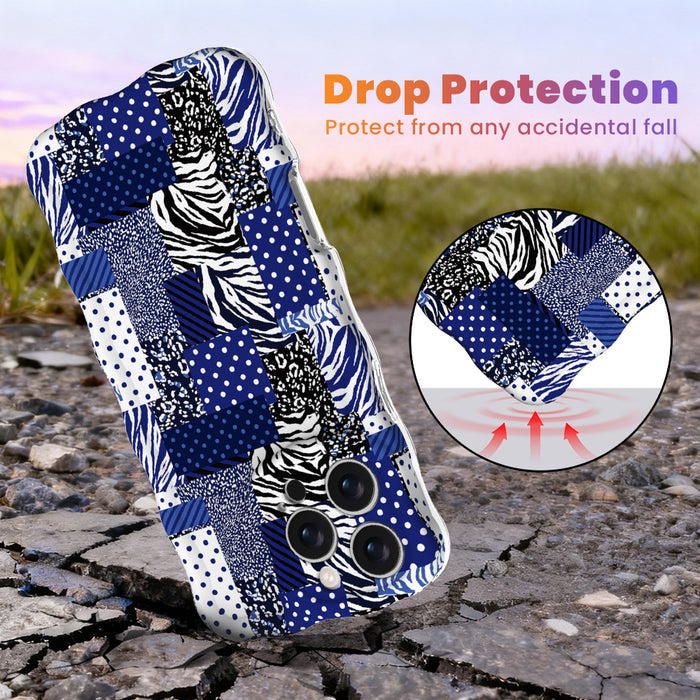 Sending Mixed Signals Wavy Luxe MagSafe iPhone case with a blue and white mixed-pattern patchwork design from Fancy Bands