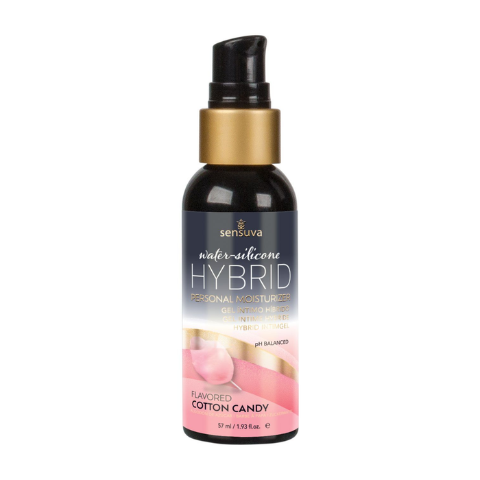 Front view of the smaller 57 ml Sensuva Hybrid personal moisturizer bottle with a black pump cap and gold collar. The label prominently showcases the "Cotton Candy" flavor next to a fluffy pink cotton candy illustration.