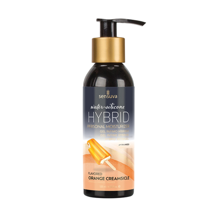 Front view of the larger 125 ml Sensuva Hybrid personal moisturizer bottle with a black pump dispenser and gold collar. The label prominently displays the flavor "Orange Creamsicle" next to a graphic of an orange popsicle.