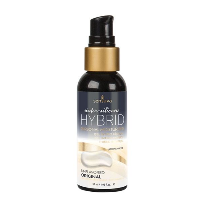 Front view of a small 57 ml (1.93 fl. oz.) black bottle of Sensuva Water-Silicone Hybrid Personal Moisturizer. The bottle has a gold neck collar and a black lotion pump mechanism. The label features a dark blue gradient at the top, fading into light gold and cream abstract waves below, with an image of a smooth, white lotion dollop above the text "UNFLAVORED ORIGINAL".
