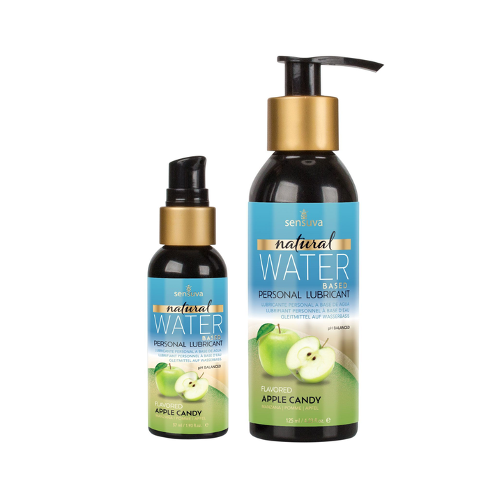 Two dark bottles of Sensuva Natural Water Based personal lubricant are displayed side-by-side against a white background. Both feature blue labels with gold accents and an illustration of a whole green apple next to a cut apple half.