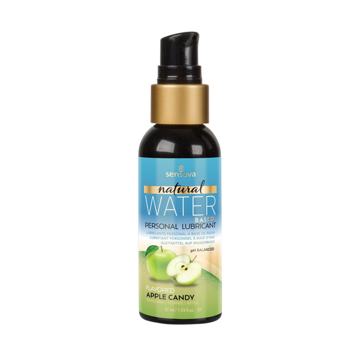 Front view of the smaller 57 ml Sensuva Natural Water Based lubricant bottle with a black pump cap and gold collar. The label prominently highlights the "Apple Candy" flavor alongside green apple graphics.
