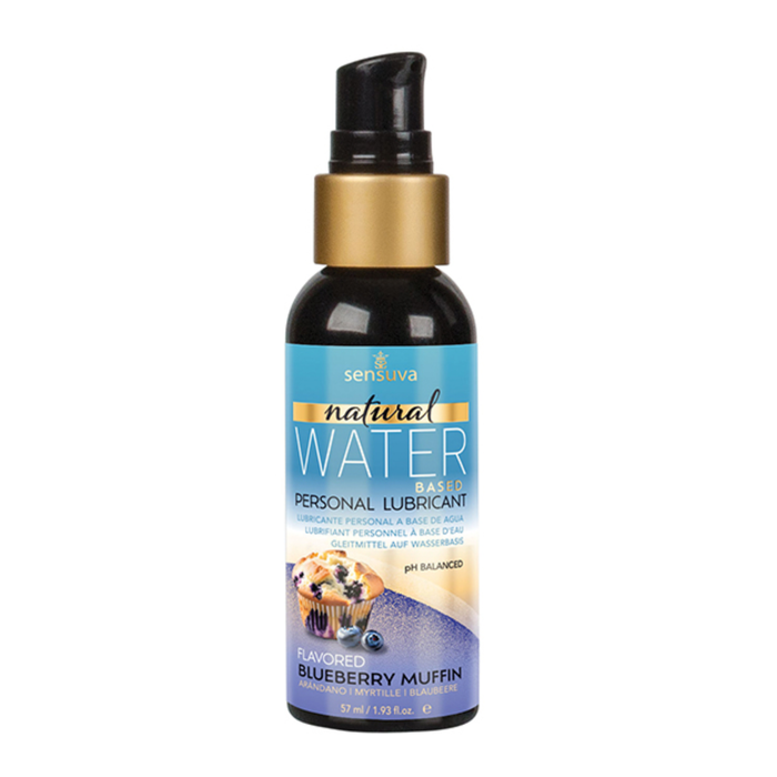 Front view of the smaller 57 ml Sensuva Natural Water Based lubricant bottle. It has a small black pump cap, gold collar, and a blue label reading "Flavored Blueberry Muffin."