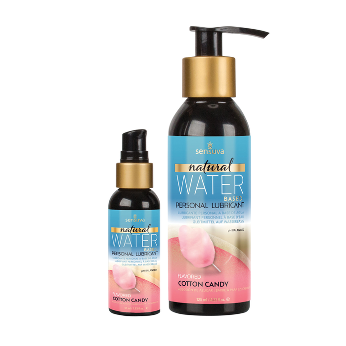 Two dark bottles of Sensuva Natural Water Based personal lubricant are displayed side-by-side against a white background. Both feature vibrant blue labels with gold accents and a pink cotton candy illustration.