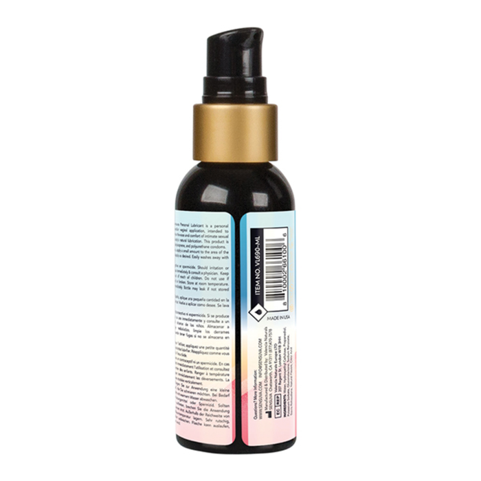 Rear view of the 57 ml Sensuva Natural Water Based lubricant bottle. The label displays usage instructions, safety warnings, ingredients, and a barcode.
