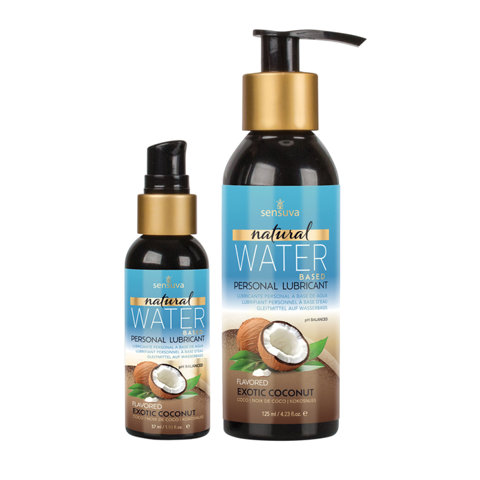 Two dark bottles of Sensuva Natural Water Based personal lubricant are displayed side-by-side against a white background. Both feature blue labels with gold accents and a graphic of a sliced coconut with green leaves.