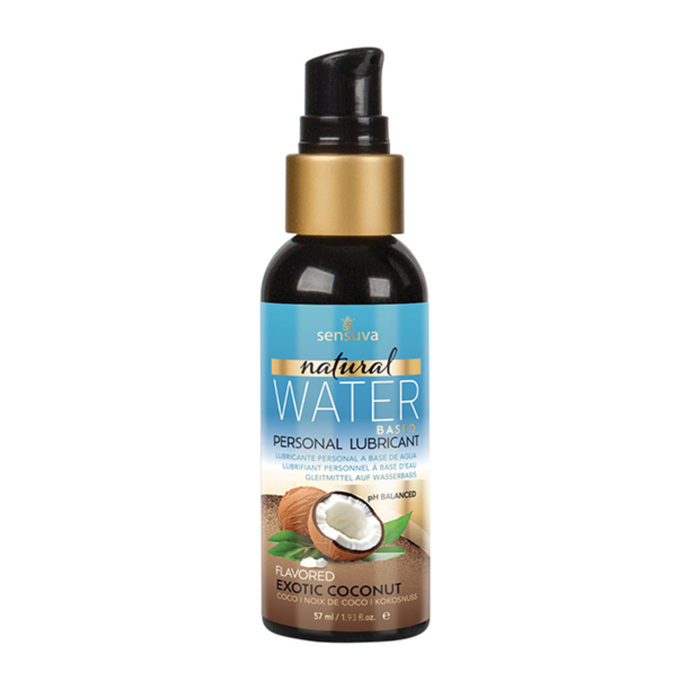 Front view of the smaller 57 ml Sensuva Natural Water Based lubricant bottle. It has a small black pump cap, gold collar, and a blue label reading "Flavored Exotic Coconut."