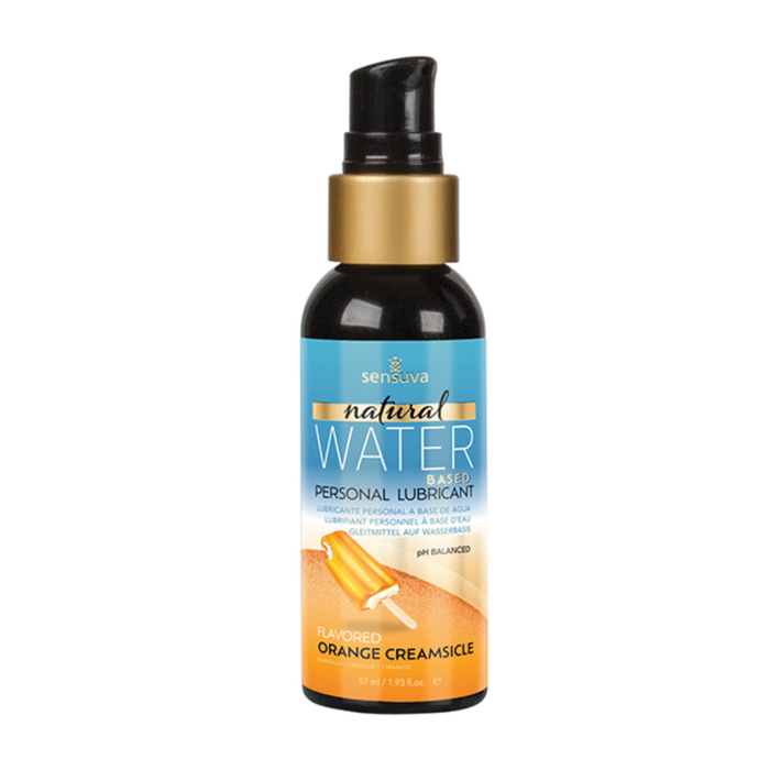 Front view of the smaller 57 ml Sensuva Natural Water Based lubricant bottle. The blue label highlights the "Orange Creamsicle" flavor next to an orange popsicle graphic.