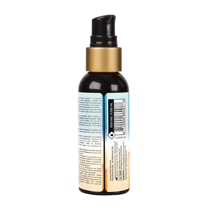 Rear view of the smaller 57 ml Sensuva Natural Water Based lubricant bottle. The white portion of the label displays the barcode, safety warnings, and manufacturer details.