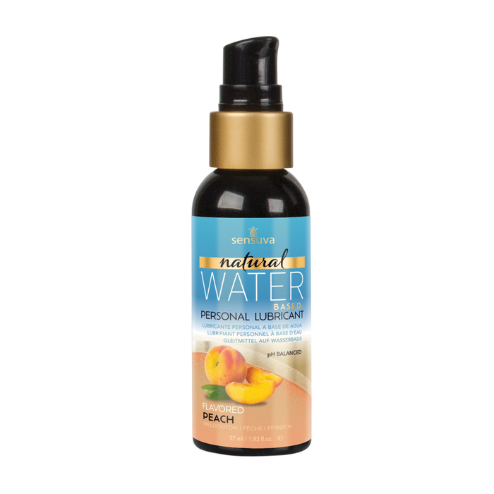 Front view of the smaller 57 ml Sensuva Natural Water Based lubricant bottle with a black pump cap and gold collar. The label prominently showcases the "Peach" flavor with a detailed peach illustration.