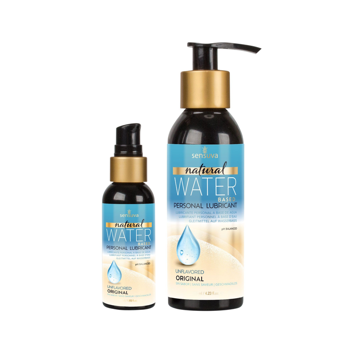 Two dark bottles of Sensuva Natural Water Based personal lubricant are shown side-by-side against a white background. Both feature bright blue labels with words Unflavored.