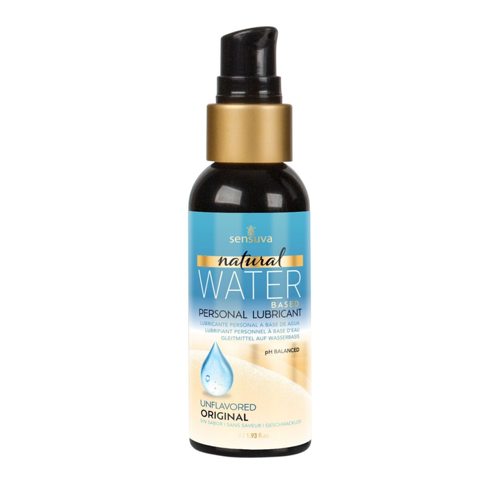 Front view of the smaller 57 ml Sensuva Natural Water Based lubricant bottle with a black pump cap and gold collar. The label prominently showcases the "Unflavored" with drop illustration.